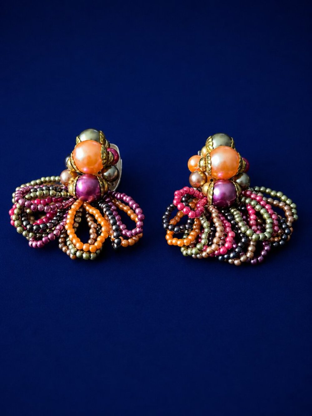 Vintage 1980s Beaded Clip On Earrings Colorful Pearl Fringe Statement Earrings